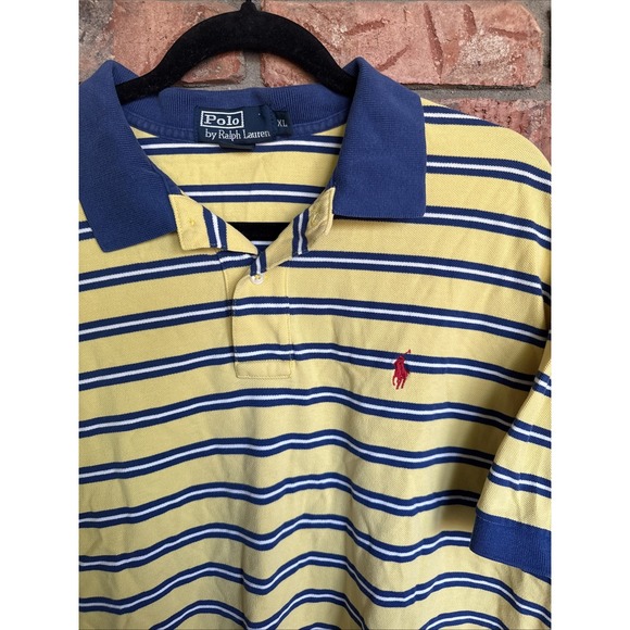 Polo Ralph Lauren Men's XL VTG 90s Yellow Striped Red Pony Rugby Shirt - Picture 1 of 3